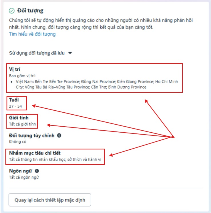 Bước 4: Xác định đối tượng để chạy quảng cáo Facebook