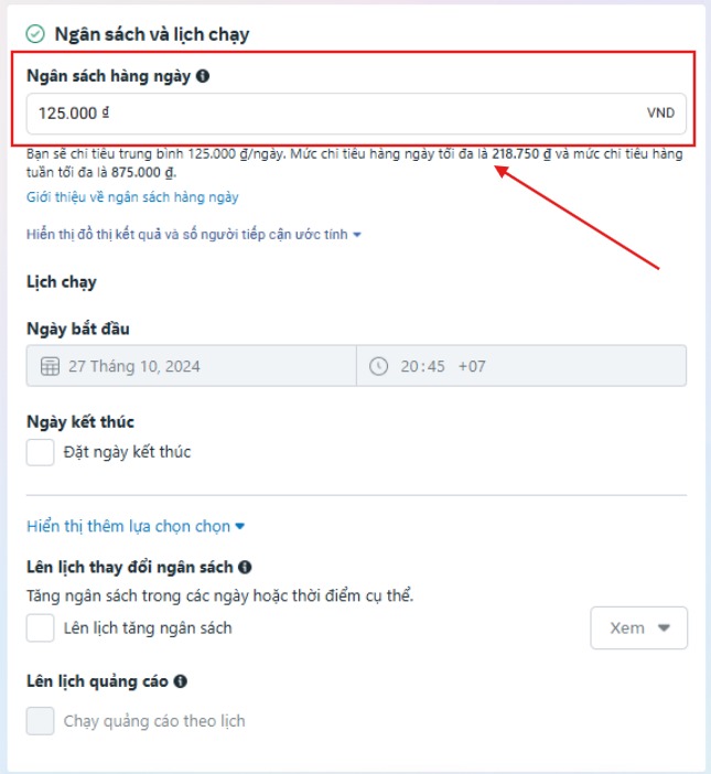 Bước 5: Thiết lập ngân sách chạy quảng cáo Facebook