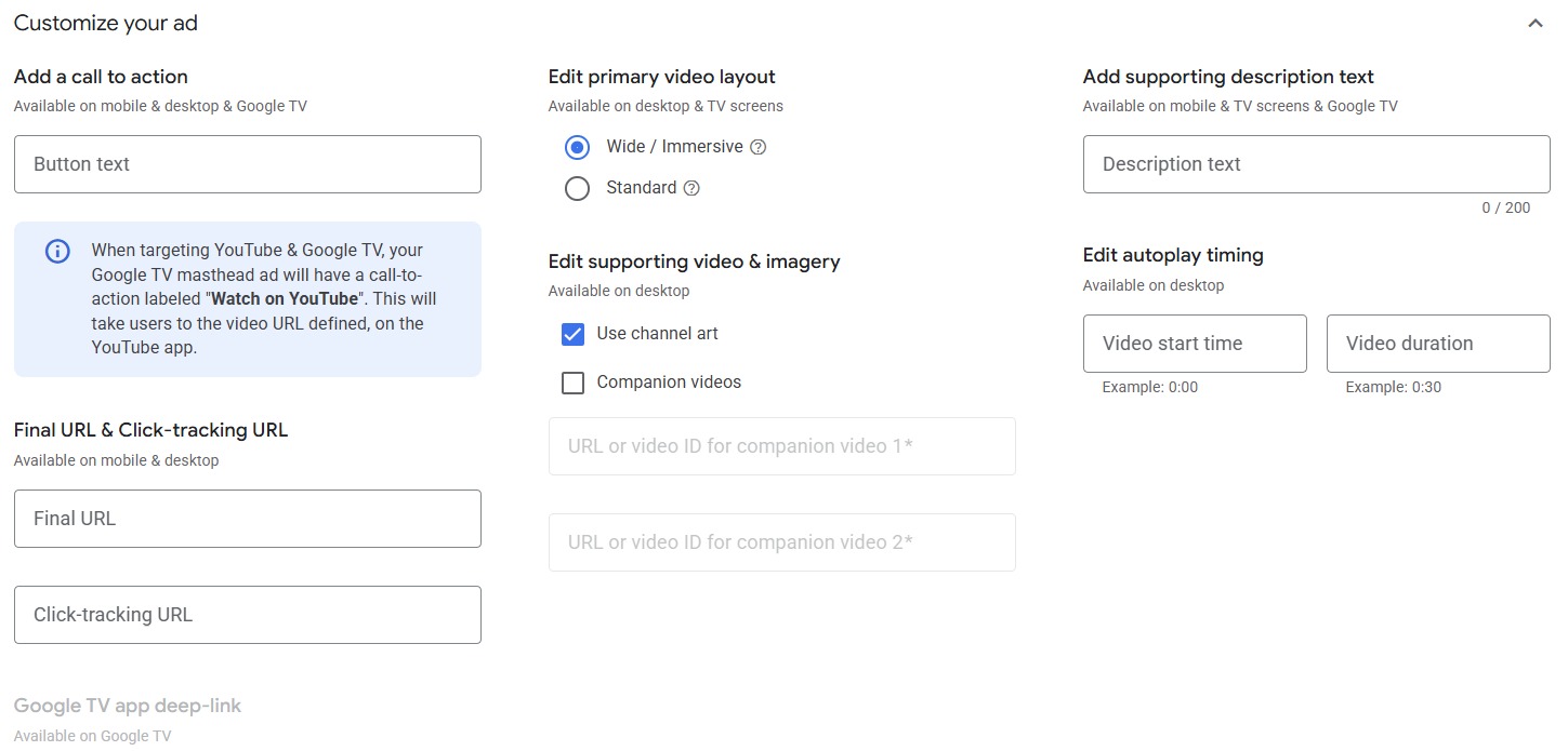 Điều chỉnh các yếu tố liên quan youtube mastheads