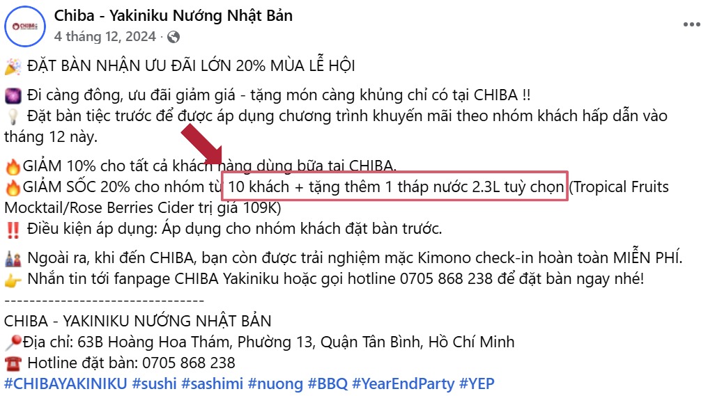 Tặng món ăn khi khách đi nhóm từ 5 hoặc 10 người