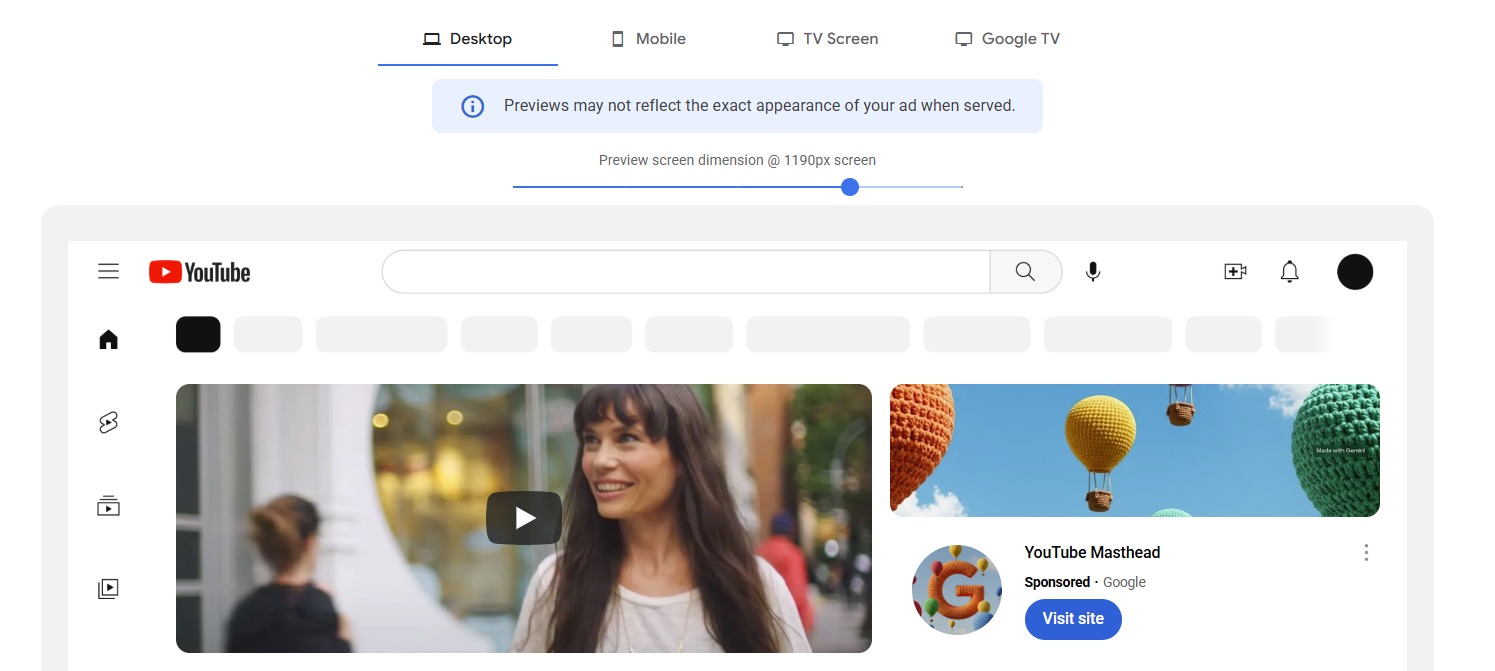 Xem trước nội dung hiển thị quảng cáo youtube masthead