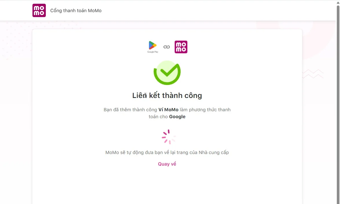 9.2 - Thông báo liên kết thành công tài khoản thanh toán Momo