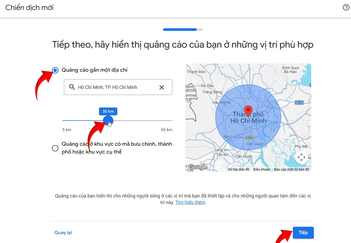 5.3 - chọn khu vực và bán kính chạy quảng cáo