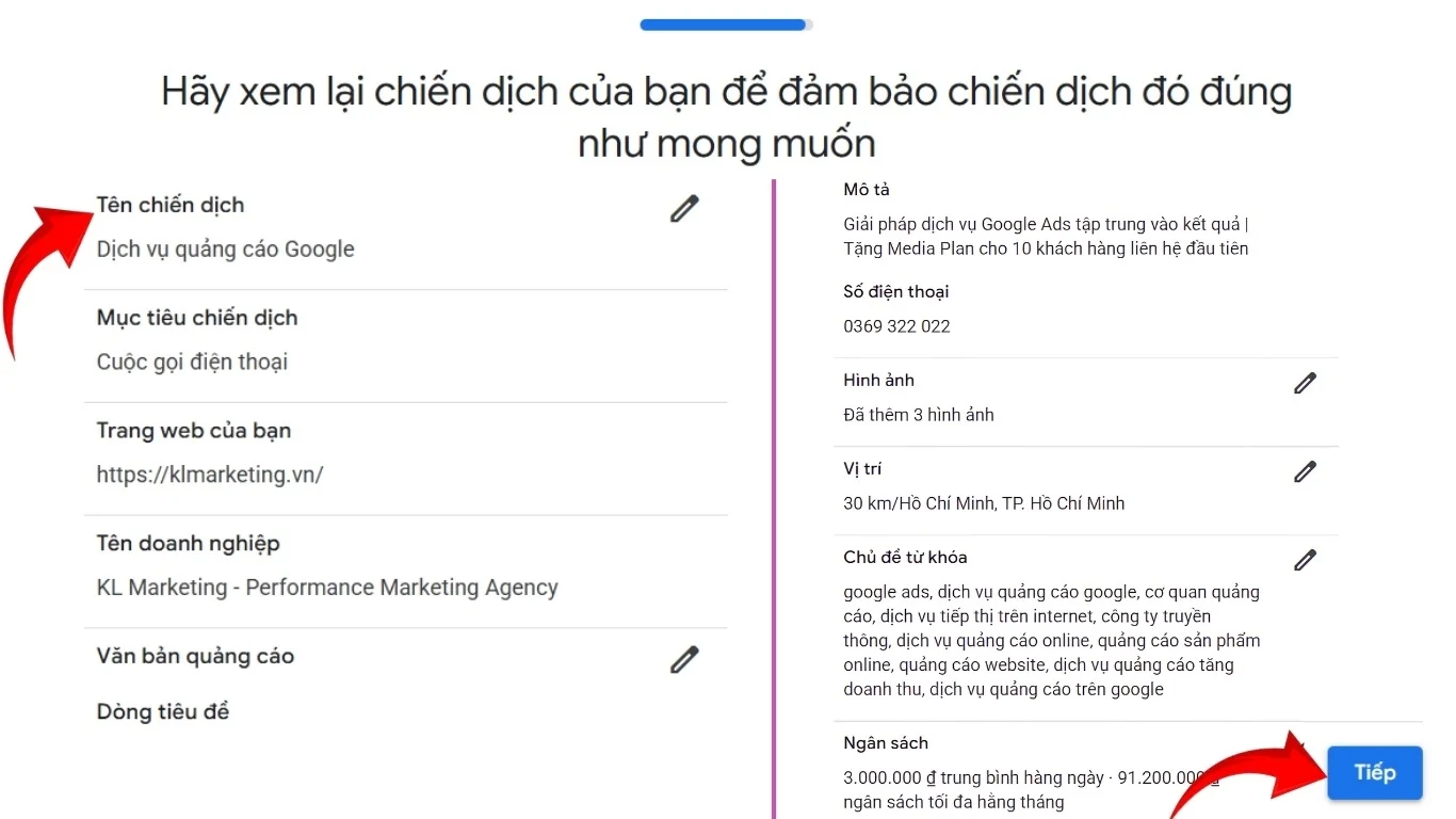7 - Xem lại thông tin chiến dịch đã cài đặt