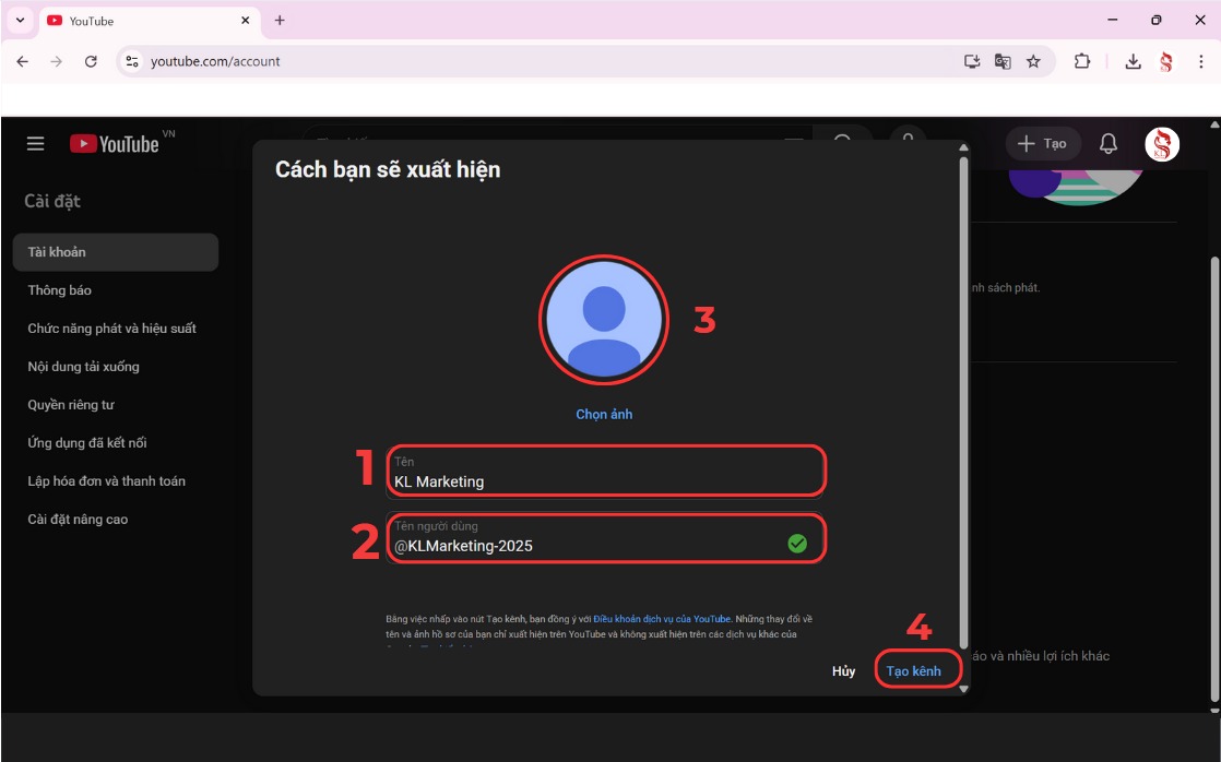 lập kênh youtube: đặt tên kênh và user
