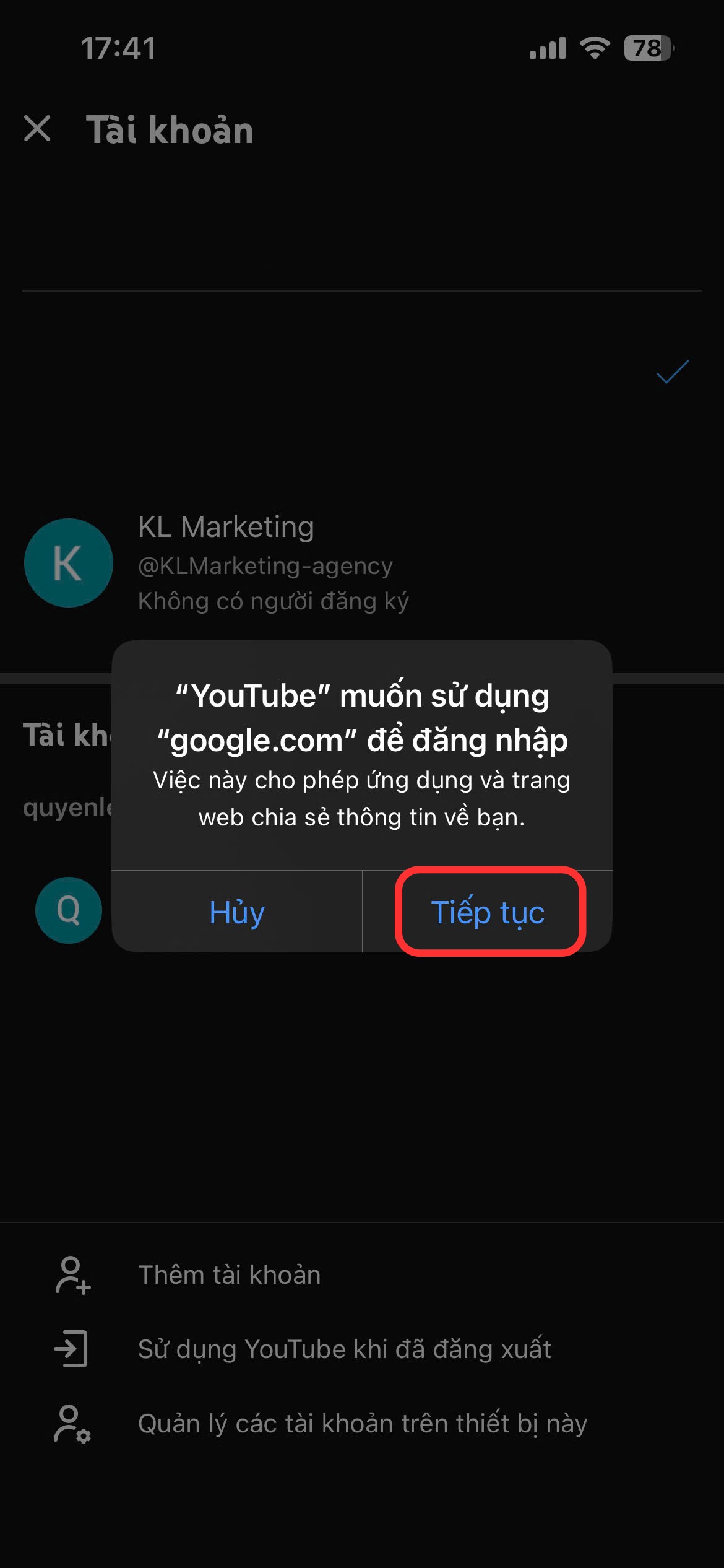 tạo kênh youtube: bấm tiếp tục
