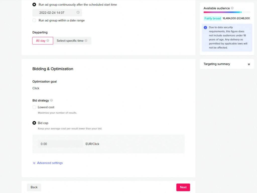 Cài đặt giá thầu quảng cáo tik tok