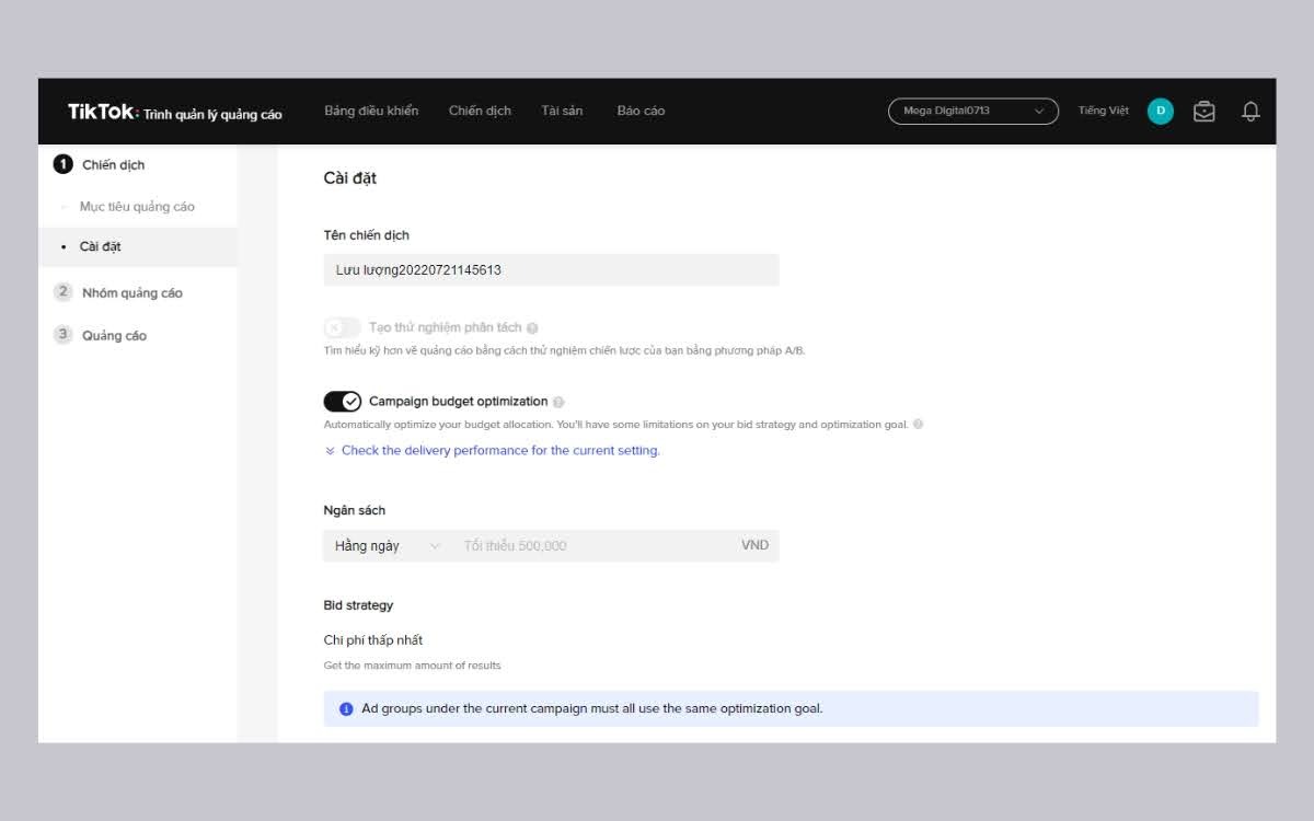 Đặt tên và cài ngân sách tik tok