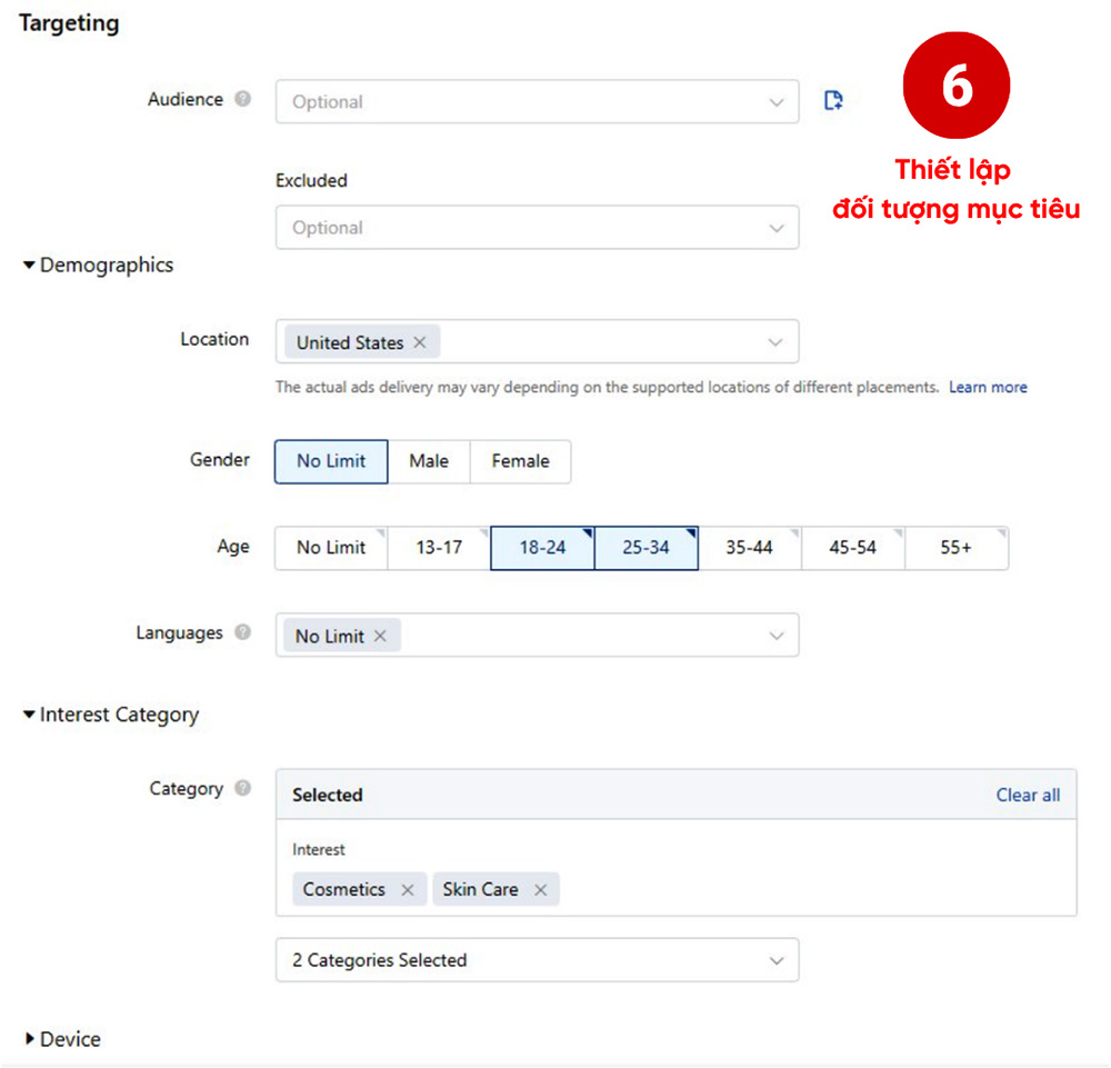 Bước 4: set đối tượng quảng cáo tiktok shop