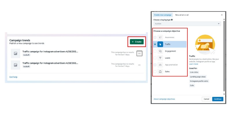 bước 2.1 chọn mục tiêu chiến dịch instagram ads
